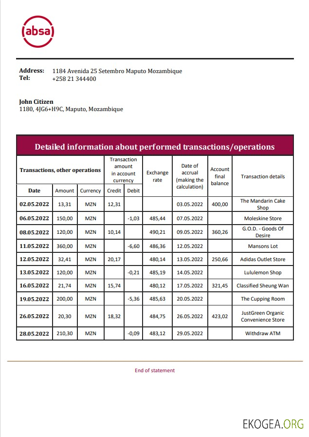 Relevé bancaire ABSA du Mozambique template Relevé bancaire ABSA du Mozambique template